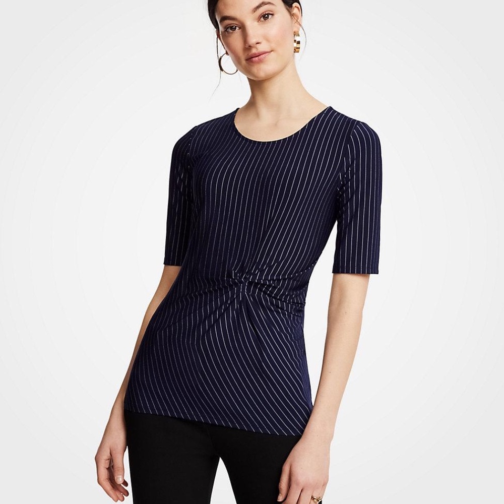 Ann Taylor Pin Stripe Twisted Front Top - Navy and White  - Size Small